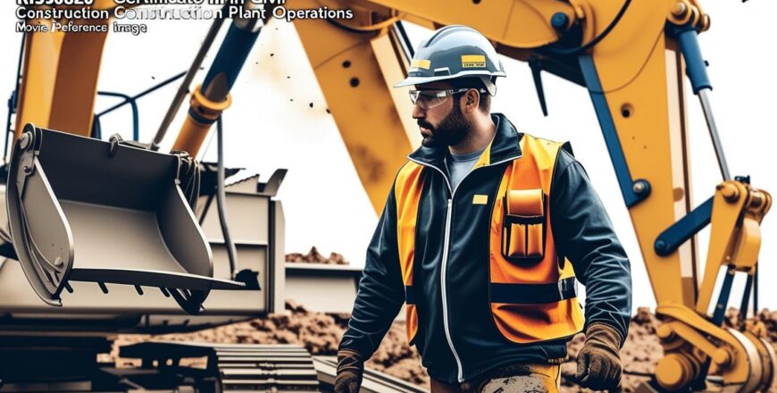 Create a cinematic movie scene using the colur pallet from the reference image for RII30820 Certificate III in Civil Construction Plant Operations _ Nationally Rec.jpg