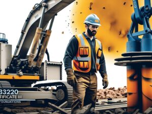 Create a cinematic movie scene using the colur pallet from the reference image for RII31220 Certificate III in Civil Foundations. This course covers piering an (1).jpg